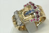 18ct gold buckle ring hand engraved, set with rubies, diamonds & sapphires
